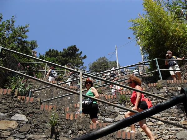 Tourists descend a stone staircase with metal handrails under bright sun