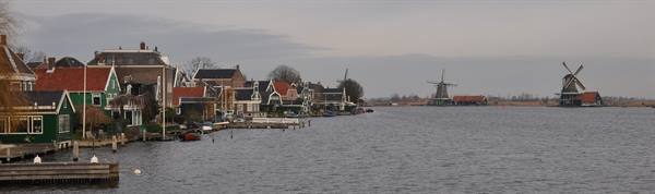 Wooden green houses along the Zaan river, windmills in the distance