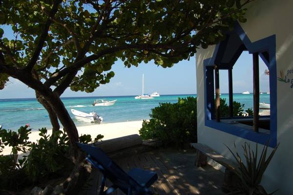 Beach bar with blue window under a tree, empty chairs, boats on turquoise sea