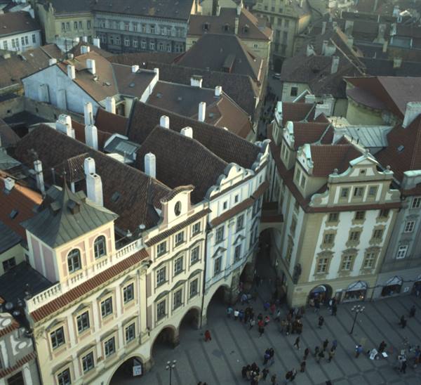 Renaissance houses with tiled roofs over Old Town Square in Prague