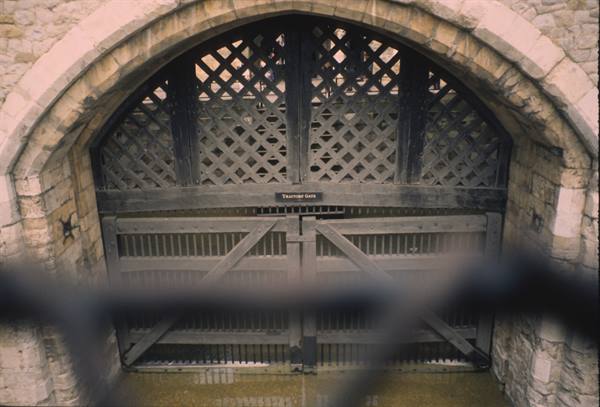 Traitor's Gate at the Tower of London, wooden grate and stone arch