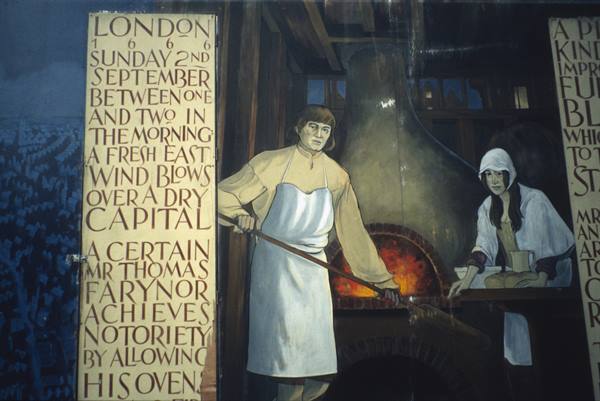 Mural of baker Thomas Farynor by his lit oven, London 1666