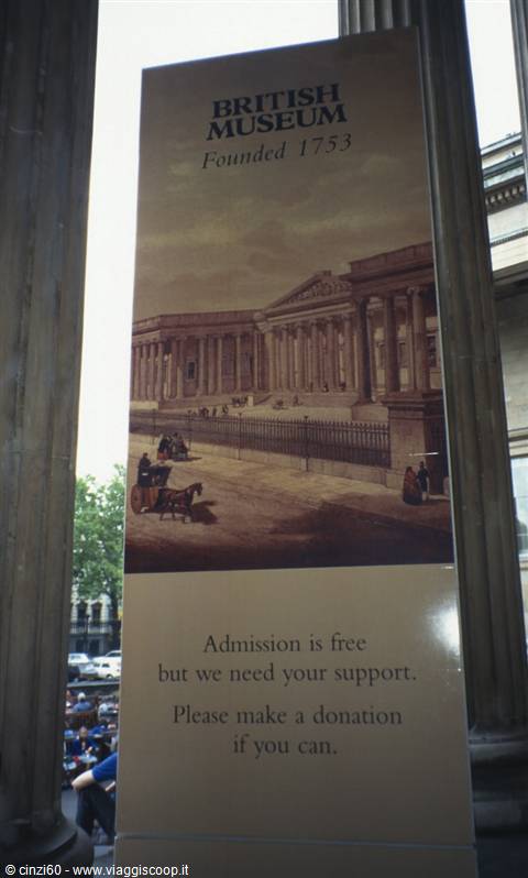 British Museum sign between columns, founded 1753, daylight