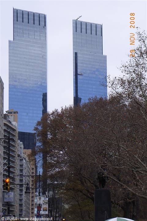 The glass twin towers of Time Warner Center seen from Central Park