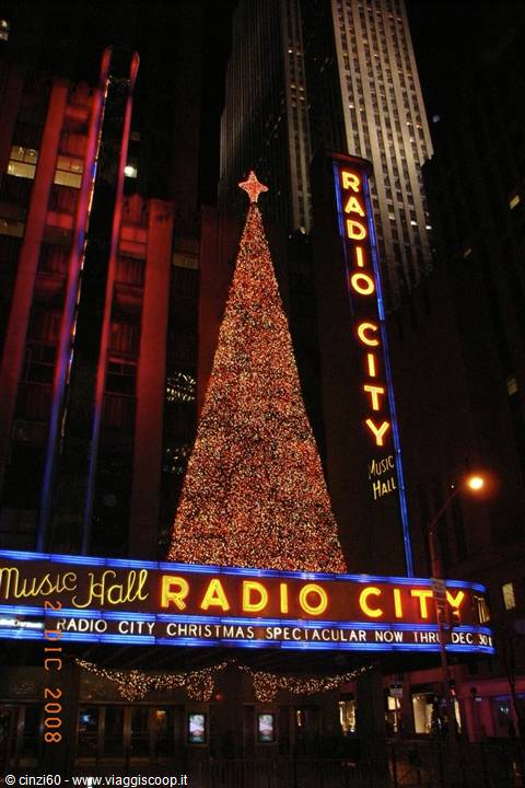 Giant illuminated Christmas tree outside Radio City Music Hall in New York