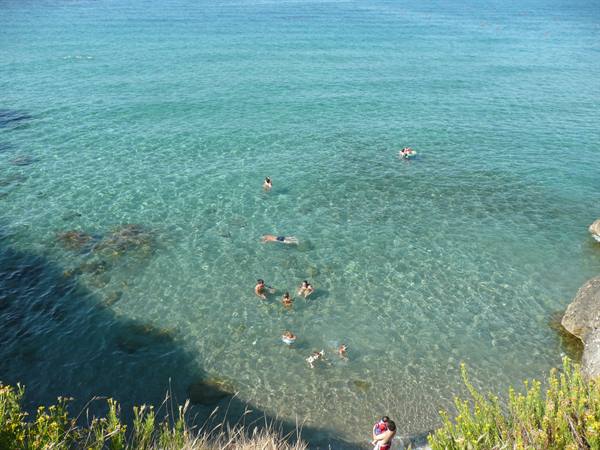 Swimmers wading in clear turquoise water among rocks and grass at the beach