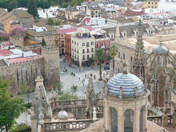 Blue tiled dome of Seville Cathedral overlooking the plaza with pedestrians
