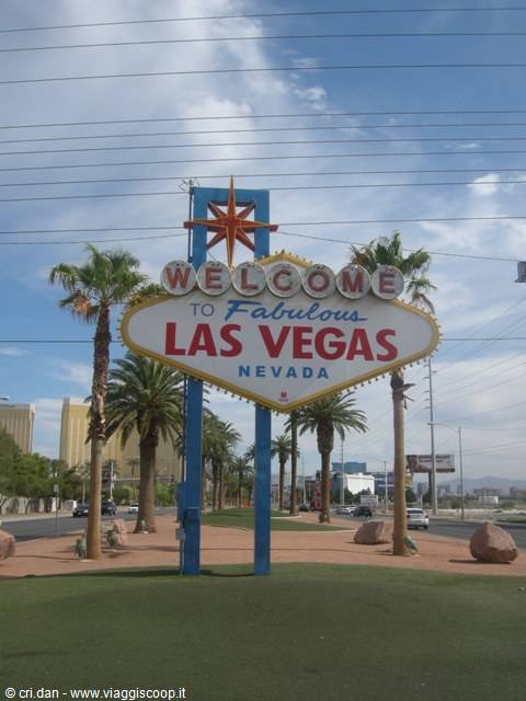 Welcome to Fabulous Las Vegas sign among palm trees under cloudy sky