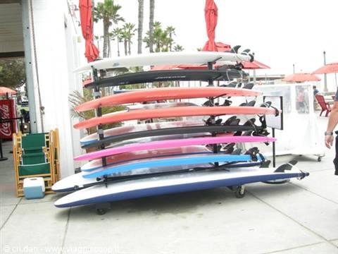 Colorful surfboards stacked on racks at a beach rental shop with palm trees