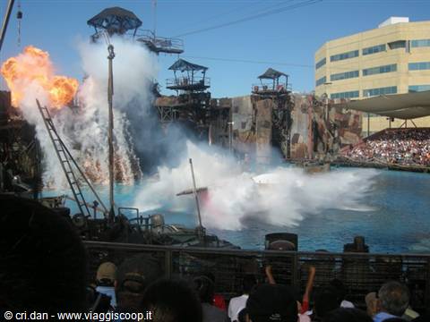 WaterWorld stunt show with fire and water explosions at Universal Studios