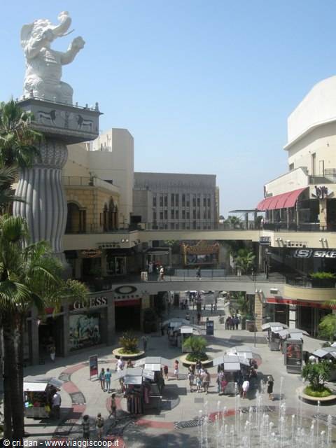 White elephant statue above shops and fountain at Hollywood & Highland Center