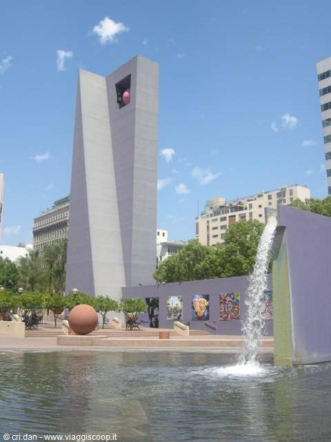 Purple tower and waterfall fountain at Pershing Square, Los Angeles