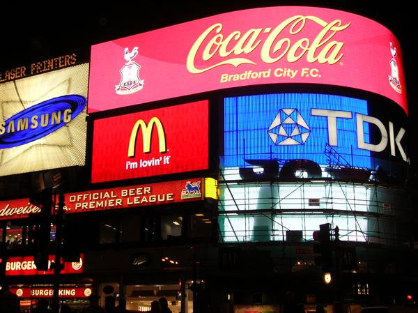 Coca-Cola, McDonald's and TDK neon billboards at Piccadilly Circus, London
