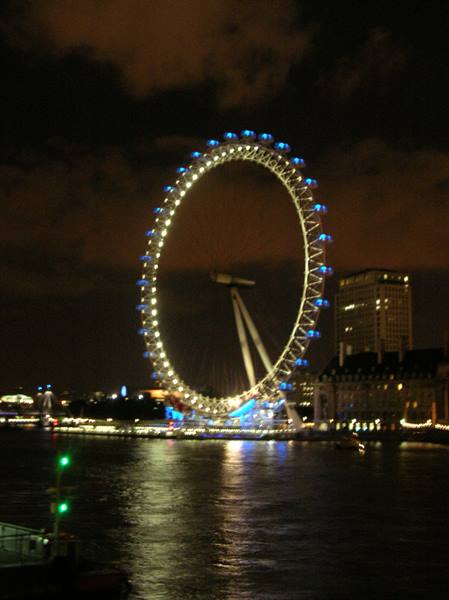 The London Eye lit up at night reflects on the Thames