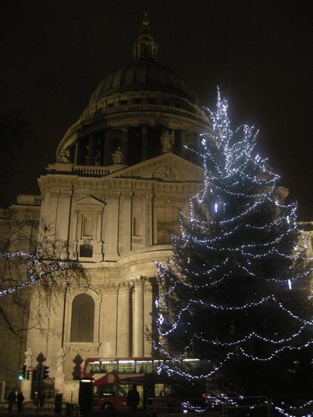 Illuminated Christmas tree in front of St Paul's Cathedral dome, London