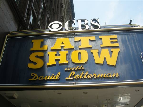 Yellow Late Show with David Letterman marquee on the Ed Sullivan Theater, New York