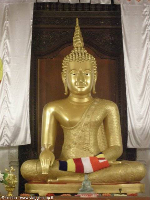 Large golden seated Buddha statue draped with colorful cloth inside a temple