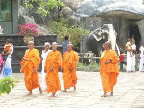 Buddhist monks in orange robes walk past elephant statues at the temple