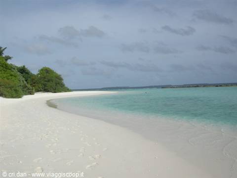 White sand and turquoise water under cloudy sky, green vegetation on the left