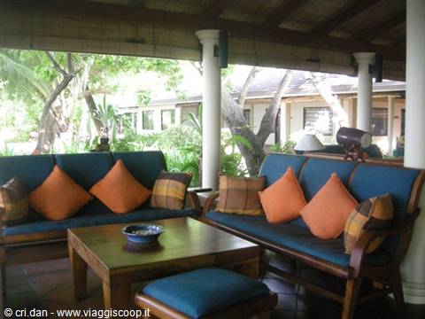 Open-air lounge with wooden sofas, blue and orange cushions, surrounded by palm trees