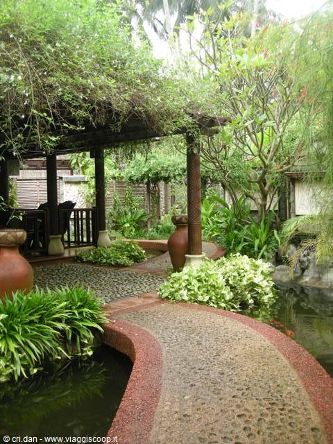 Pebble path between terracotta urns and a pergola with climbing plants