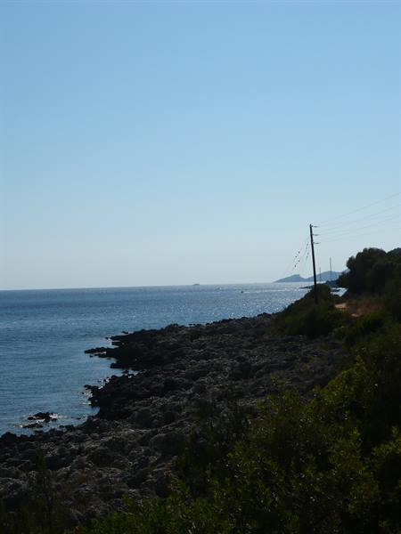 Rocky shore in backlight, power poles and green shrubs above the calm sea