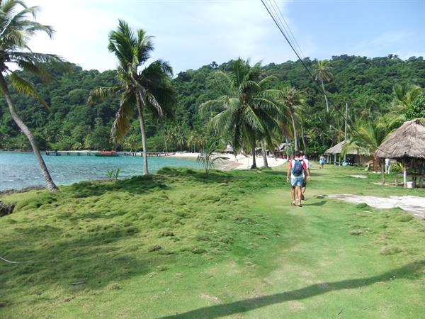 Tourists with backpacks walk on grass past palms and thatched huts toward the beach