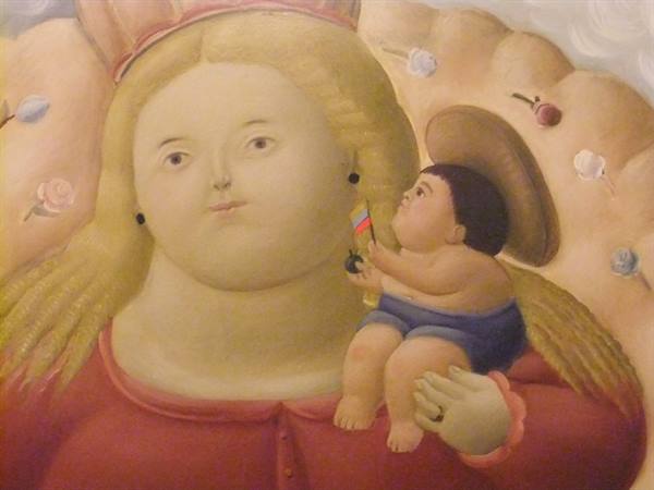 Botero-style painting: Madonna in red holding child with a flag