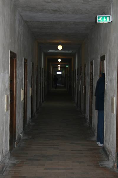 Dim corridor with wooden doors, hanging lamps and a visitor standing