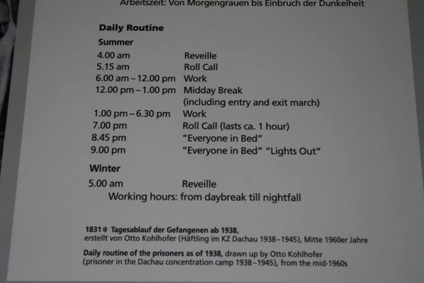 Museum panel at Dachau showing prisoners' daily routine from 1938