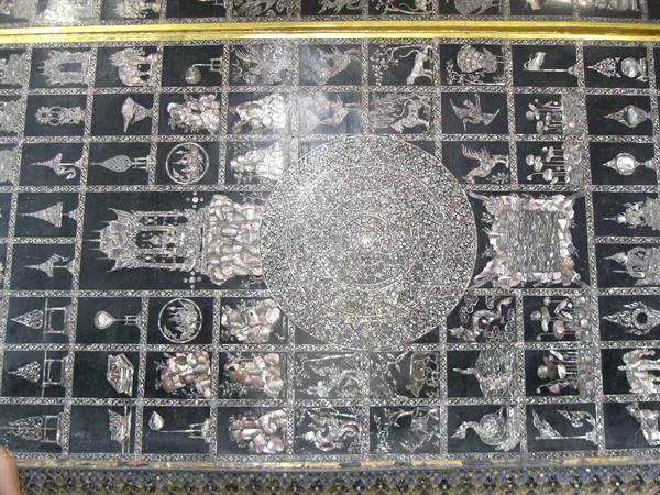 Mother-of-pearl inlay panel on black lacquer with figures and circular mandala