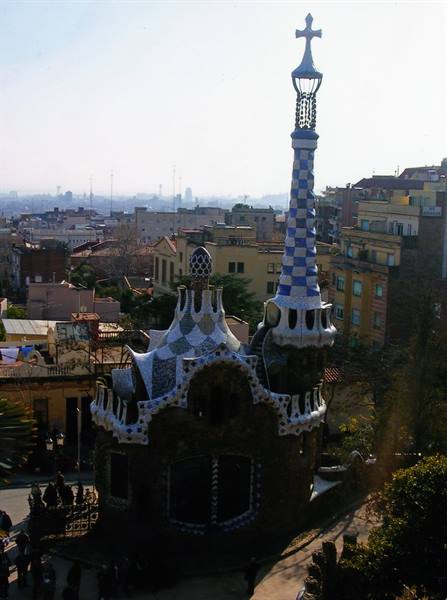 Checkerboard mosaic spire pavilion at Park Güell, Barcelona