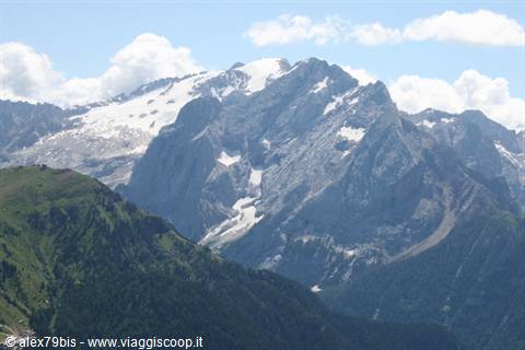 Marmolada glacier crowning the jagged Dolomite peaks