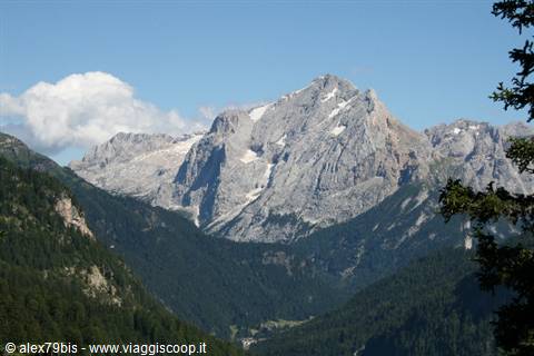 Marmolada, rocky summit with snow patches rising above conifer forest