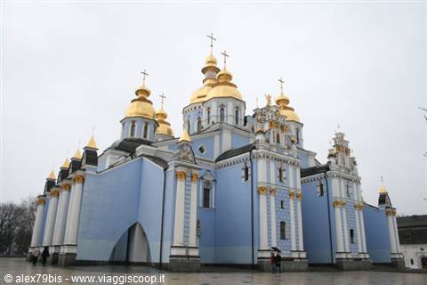 St. Michael's Golden-Domed Monastery, blue facade and golden domes under gray sky
