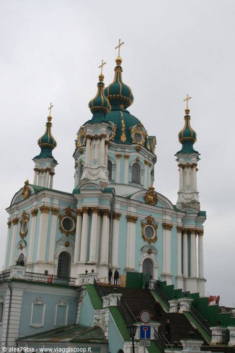St Andrew's Church in Kyiv, green and golden domes under grey sky