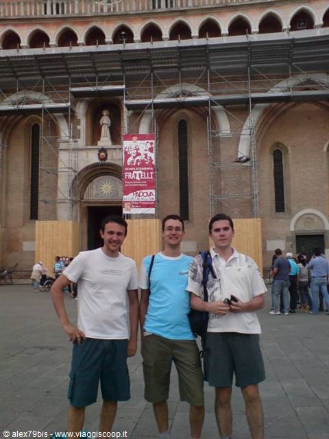 Three friends in front of the Basilica of Saint Anthony in Padua, daytime light