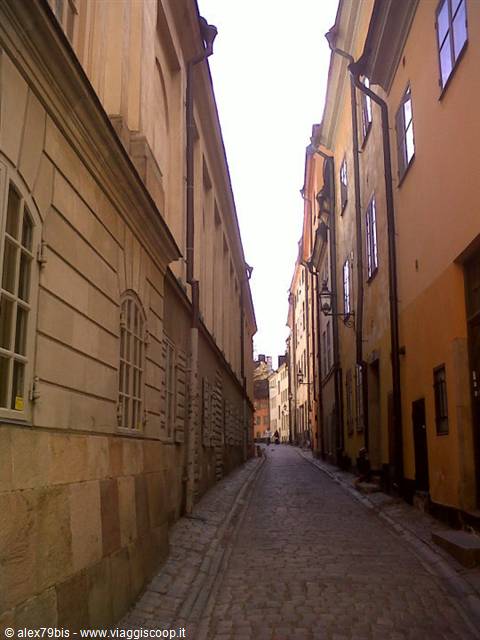 Cobbled alley between ochre and yellow facades in Gamla Stan, Stockholm