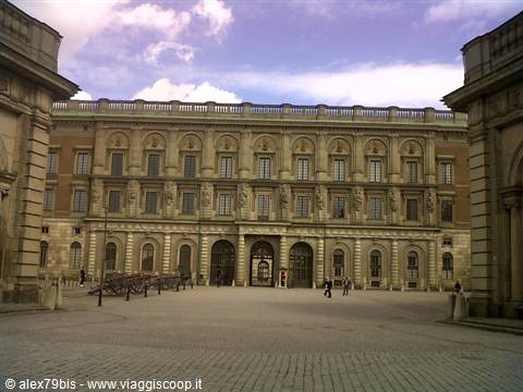 Cobbled courtyard of Stockholm Royal Palace between baroque stone wings