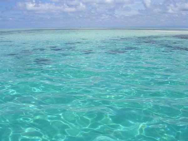 Clear turquoise water rippling in the wind, shallow seabed under cloudy sky