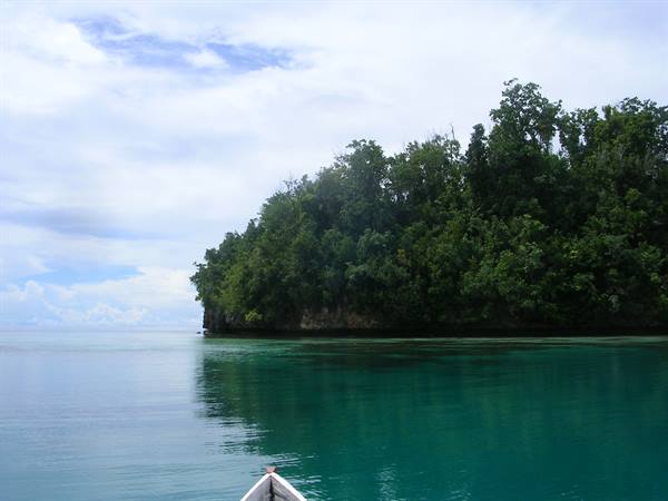 Boat bow on turquoise water in front of a forested limestone island