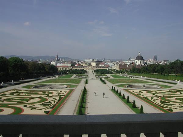 Belvedere gardens in Vienna with geometric flowerbeds and visitors