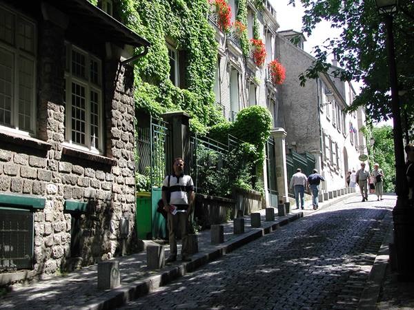 Man in striped shirt on sloping cobblestone street, ivy-covered houses with red geraniums, Montmartre