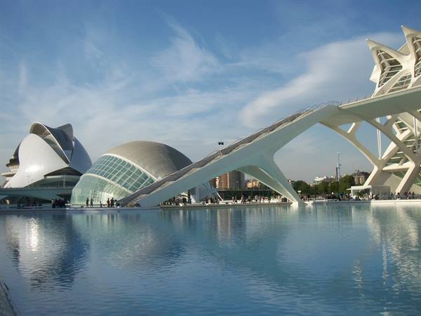 City of Arts and Sciences in Valencia, white Calatrava structures reflected in the water