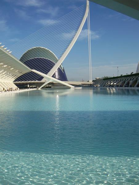 Valencia's City of Arts and Sciences reflected in the turquoise pool