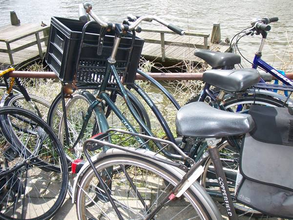 Dutch city bicycles parked by a canal with wooden jetty