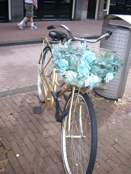 Golden bicycle with light blue roses in basket on brick sidewalk