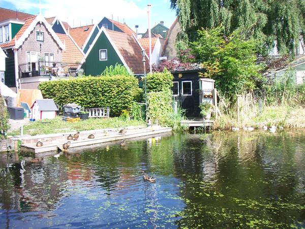 Ducks along a canal, wooden houses with pointed roofs, midday light