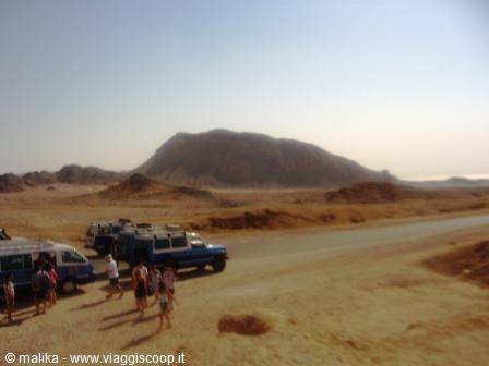 Tourists beside parked blue jeeps on sandy road in rocky desert