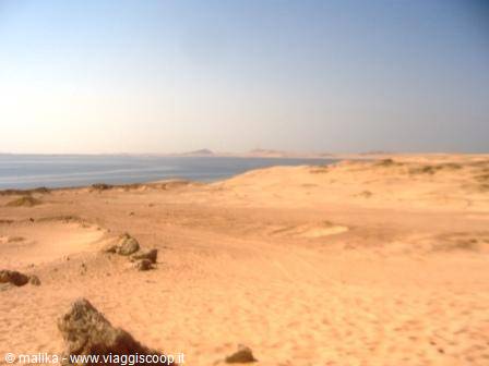 Sand dunes and rocks along the Red Sea under clear sky